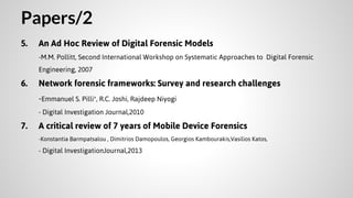 Papers/2
5.

An Ad Hoc Review of Digital Forensic Models
-M.M. Pollitt, Second International Workshop on Systematic Approaches to Digital Forensic
Engineering, 2007

6.

Network forensic frameworks: Survey and research challenges
-Emmanuel S. Pilli*, R.C. Joshi, Rajdeep Niyogi
- Digital Investigation Journal,2010

7.

A critical review of 7 years of Mobile Device Forensics
-Konstantia Barmpatsalou , Dimitrios Damopoulos, Georgios Kambourakis,Vasilios Katos,

- Digital InvestigationJournal,2013

 