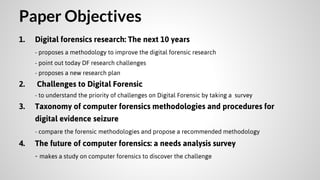 Paper Objectives
1.

Digital forensics research: The next 10 years
- proposes a methodology to improve the digital forensic research
- point out today DF research challenges
- proposes a new research plan

2.

Challenges to Digital Forensic
- to understand the priority of challenges on Digital Forensic by taking a survey

3.

Taxonomy of computer forensics methodologies and procedures for
digital evidence seizure
- compare the forensic methodologies and propose a recommended methodology

4.

The future of computer forensics: a needs analysis survey
- makes a study on computer forensics to discover the challenge

 
