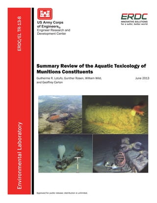 ERDC/ELTR-13-8
Summary Review of the Aquatic Toxicology of
Munitions Constituents
EnvironmentalLaboratory
Guilherme R. Lotufo, Gunther Rosen, William Wild,
and Geoffrey Carton
June 2013
Approved for public release; distribution is unlimited.
 