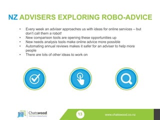 NZ ADVISERS EXPLORING ROBO-ADVICE
13 www.chatswood.co.nz
• Every week an adviser approaches us with ideas for online servi...
