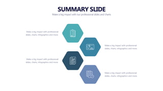 SUMMARY SLIDE
Make a big impact with our professional slides and charts
Make a big impact with professional
slides, charts, infographics and more.
Make a big impact with professional
slides, charts, infographics and more.
Make a big impact with professional
slides, charts, infographics and more.
Make a big impact with professional
slides, charts, infographics and more.
 