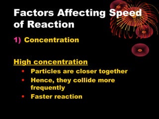 Factors Affecting Speed
of Reaction
1) Concentration


High concentration
 •   Particles are closer together
 •   Hence, they collide more
     frequently
 •   Faster reaction
 