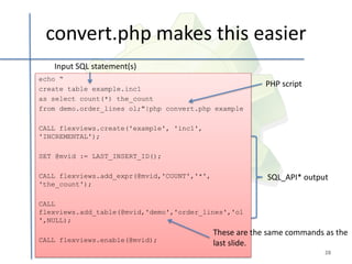 convert.php makes this easier
   Input SQL statement(s)
echo “
                                                          PHP script
create table example.inc1
as select count(*) the_count
from demo.order_lines ol;"|php convert.php example

CALL flexviews.create('example', 'inc1',
'INCREMENTAL');

SET @mvid := LAST_INSERT_ID();

CALL flexviews.add_expr(@mvid,'COUNT','*',                SQL_API* output
'the_count');

CALL
flexviews.add_table(@mvid,'demo','order_lines','ol
',NULL);
                                             These are the same commands as the
CALL flexviews.enable(@mvid);
                                             last slide.
                                                                         28
 