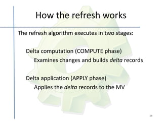 How the refresh works
The refresh algorithm executes in two stages:

   Delta computation (COMPUTE phase)
      Examines changes and builds delta records

   Delta application (APPLY phase)
      Applies the delta records to the MV



                                                  29
 