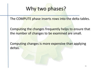 Why two phases?
The COMPUTE phase inserts rows into the delta tables.

Computing the changes frequently helps to ensure that
the number of changes to be examined are small.

Computing changes is more expensive than applying
deltas.



                                                 31
 