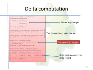 Delta computation
mysql> select * from example.inc1;
+----------+-----------+
| mview$pk | the_count |
+----------+-----------+
|        1 | 155132000 |
                                                                 Before any changes
+----------+-----------+
1 row in set (0.00 sec)

mysql> delete from demo.order_lines limit 30000;
Query OK, 30000 rows affected (1.04 sec)
                                                   Two transactions make changes
mysql> delete from demo.order_lines limit 2000;
Query OK, 2000 rows affected (0.26 sec)

mysql> call flexviews.refresh(
-> flexviews.get_id('example','inc1'),
-> 'COMPUTE',NULL);
                                                              Compute the changes
Query OK, 0 rows affected (0.81 sec)

mysql> select * from example.inc1_delta;
+----------+--------+----------+-----------+
| dml_type | uow_id | mview$pk | the_count |
+----------+--------+----------+-----------+
|       -1 | 16590 |      NULL |    -32000 |                   Delta table contains the
+----------+--------+----------+-----------+
1 row in set (0.00 sec)                                        delta record


                                                                                          32
 