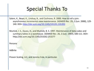 Special Thanks To
Salem, K., Beyer, K., Lindsay, B., and Cochrane, R. 2000. How to roll a join:
    asynchronous incremental view maintenance. SIGMOD Rec. 29, 2 (Jun. 2000), 129-
    140. DOI= http://doi.acm.org/10.1145/335191.335393

Mumick, I. S., Quass, D., and Mumick, B. S. 1997. Maintenance of data cubes and
  summary tables in a warehouse. SIGMOD Rec. 26, 2 (Jun. 1997), 100-111. DOI=
  http://doi.acm.org/10.1145/253262.253277

Percona

AdBrite

Proven Scaling, LLC, and Jeremy Cole, in particular.



                                                                             50
 