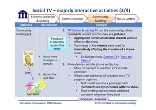 Social TV – majorly interactive activities (3/4)
              Content selection                             Community
   ...