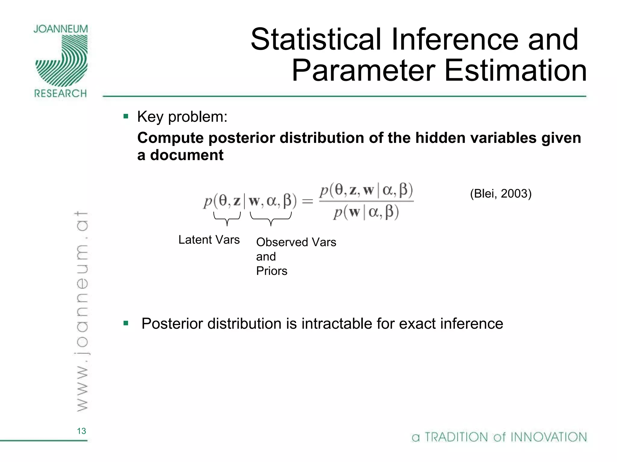 Statistical Inference and  Parameter Estimation Key problem: Compute posterior distribution of the hidden variables given a document Posterior distribution is intractable for exact inference (Blei, 2003) Latent Vars Observed Vars and Priors 