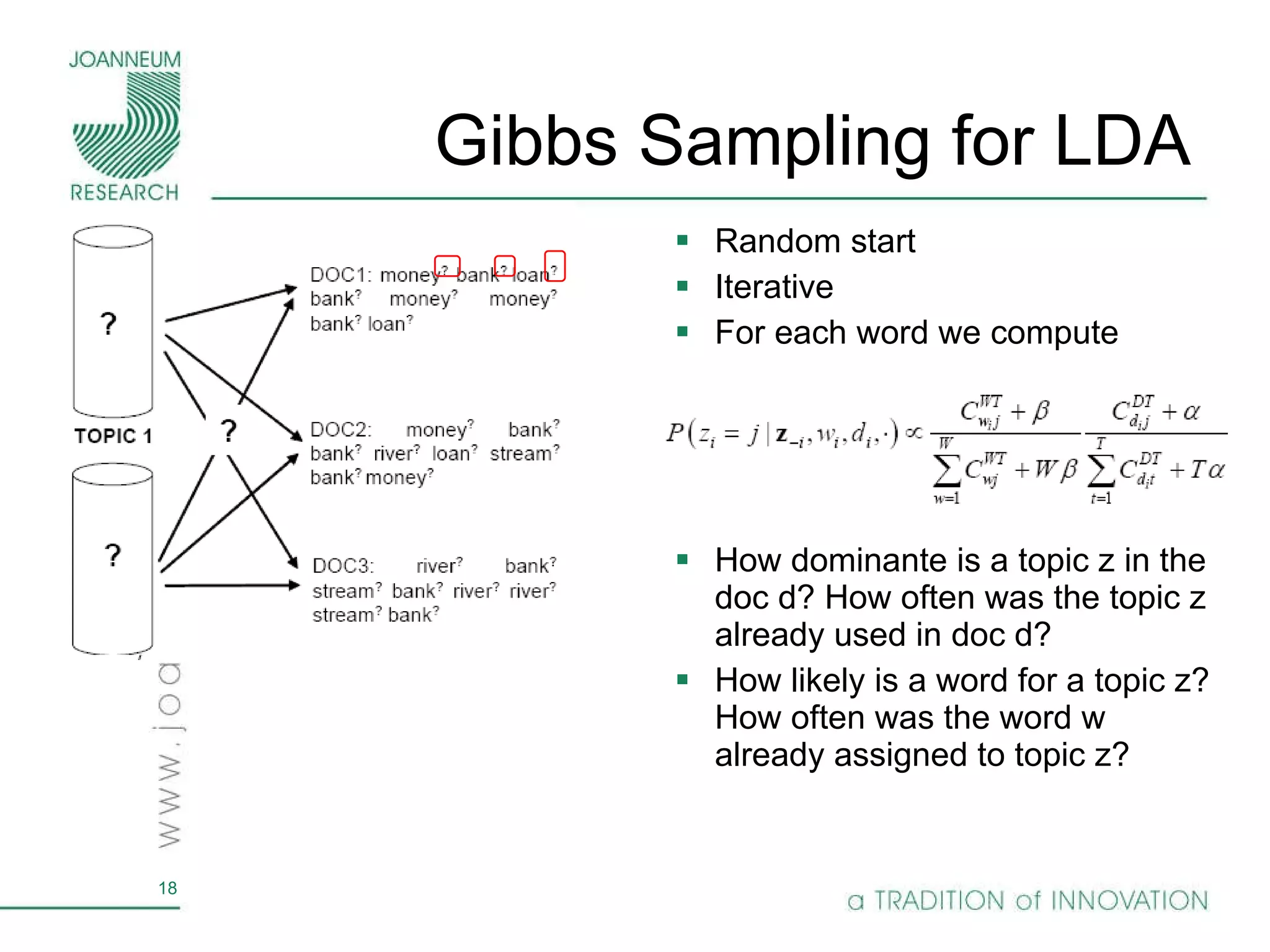 Gibbs Sampling for LDA  Random start Iterative For each word we compute How dominante is a topic z in the doc d? How often was the topic z already used in doc d? How likely is a word for a topic z? How often was the word w already assigned to topic z?  
