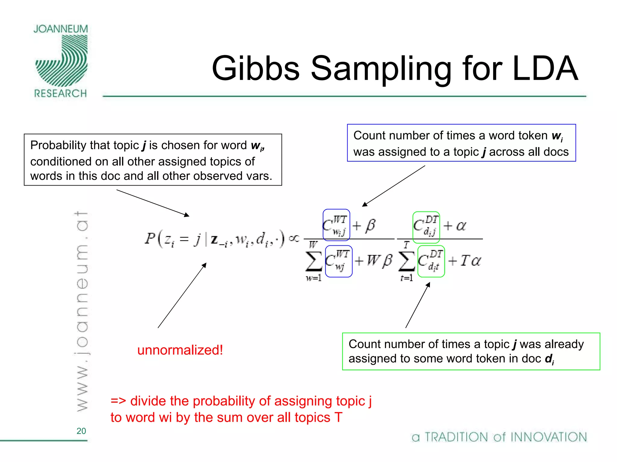 Gibbs Sampling for LDA  Probability that topic  j  is chosen for word  w i ,  conditioned on all other assigned topics of words in this doc and all other observed vars. Count number of times a word token  w i  was assigned to a topic  j  across all docs Count number of times a topic  j  was already assigned to some word token in doc  d i unnormalized! => divide the probability of assigning topic j to word wi by the sum over all topics T 