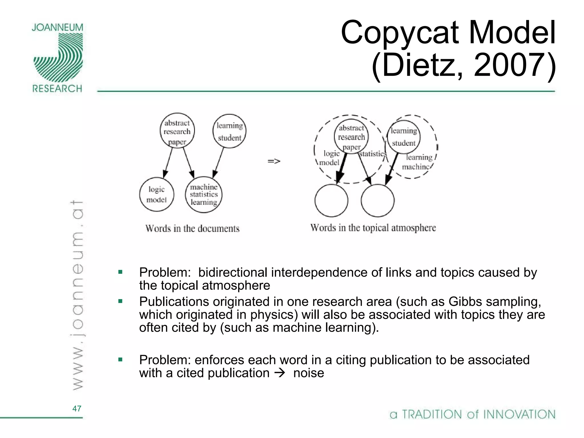 Copycat Model (Dietz, 2007) Problem:  bidirectional interdependence of links and topics caused by the topical atmosphere Publications originated in one research area (such as Gibbs sampling, which originated in physics) will also be associated with topics they are often cited by (such as machine learning). Problem: enforces each word in a citing publication to be associated with a cited publication     noise 