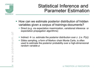 Statistical Inference and  Parameter Estimation How can we estimate  posterior distribution of hidden variables given a corpus of trainings-documents ? Direct (e.g. via expectation maximization, variational inference  or expectation propagation algorithms) Indirect    i.e. estimate the posterior distribution over  z  (i.e. P(z)) Gibbs sampling, a form of Markov chain Monte Carlo, is often used to estimate the posterior probability over a high-dimensional random variable  z 