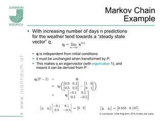 Markov Chain Example With increasing number of days n  predictions for the weather tend towards a “steady state vector” q. q  is independent from initial conditions it must be unchanged when transformed by  P .  This makes q an eigenvector (with  eigenvalue  1), and means it can be derived from  P   
