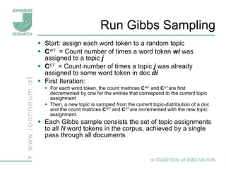 Run Gibbs Sampling Start: assign each word token to a random topic  C WT   = Count number of times a word token  wi  was assigned to a topic  j C DT   = Count number of times a topic  j  was already assigned to some word token in doc  di First Iteration: For each word token, the count matrices  C WT   and  C DT  are first decremented by one for the entries that correspond to the current topic assignment  Then, a new topic is sampled from the current topic-distribution of a doc and the count matrices  C WT   and  C DT  are incremented with the new topic assignment.  Each Gibbs sample consists the set of topic assignments to all  N  word tokens in the corpus, achieved by a single pass through all documents  