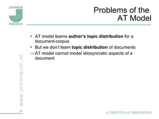 Problems of the  AT Model AT model learns  author‘s topic distribution  for a document-corpus But we don‘t learn  topic distribution  of documents AT model cannot model idiosyncratic aspects of a document 