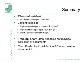 Summary Observed variables: Word-distribution per document 3 latent variables Topic distribution per document :  P(z) =  θ (d) Word distribution per topic:  P(w, z) =   φ (z) Word-Topic assignment: P(z|w)  Training:  Learn latent variables on trainings-collection of documents Test:  Predict topic distribution  θ (d)   of an unseen document d 