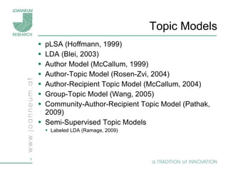 Topic Models pLSA (Hoffmann, 1999) LDA (Blei, 2003) Author Model (McCallum, 1999) Author-Topic Model (Rosen-Zvi, 2004) Author-Recipient Topic Model (McCallum, 2004) Group-Topic Model (Wang, 2005) Community-Author-Recipient Topic Model (Pathak, 2009) Semi-Supervised Topic Models Labeled LDA (Ramage, 2009) 