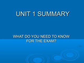 UNIT 1 SUMMARY

WHAT DO YOU NEED TO KNOW
FOR THE EXAM?

 