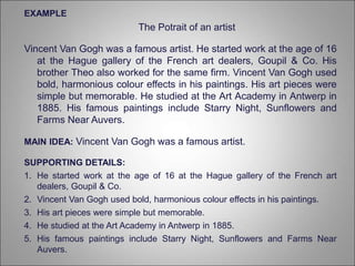 EXAMPLE
The Potrait of an artist
Vincent Van Gogh was a famous artist. He started work at the age of 16
at the Hague gallery of the French art dealers, Goupil & Co. His
brother Theo also worked for the same firm. Vincent Van Gogh used
bold, harmonious colour effects in his paintings. His art pieces were
simple but memorable. He studied at the Art Academy in Antwerp in
1885. His famous paintings include Starry Night, Sunflowers and
Farms Near Auvers.
MAIN IDEA: Vincent Van Gogh was a famous artist.
SUPPORTING DETAILS:
1. He started work at the age of 16 at the Hague gallery of the French art
dealers, Goupil & Co.
2. Vincent Van Gogh used bold, harmonious colour effects in his paintings.
3. His art pieces were simple but memorable.
4. He studied at the Art Academy in Antwerp in 1885.
5. His famous paintings include Starry Night, Sunflowers and Farms Near
Auvers.
 