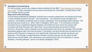 Examples of summarizing
For this example, we will use a feature article published by the BBC: “How bacteria are changing
your mood.” To fully understand how we have summarized the information, it would help to read
the complete article yourself.
Now, here is the summary:
A 2018 article published by Gallagher outlined how numerous researchers are exploring the ways
in which bacteria present in the gut – the microbiome – can influence human thoughts and
emotions, and thereby conditions such as autism, depression and neurodegenerative disease. The
pioneering study (Sudo et al., 2004, cited in Gallagher, 2018, para. 7–9) conducted at Kyushu
University found a significant disparity between mice that had never come into contact with
microbes and those that had, with “germ-free” mice producing twice the amount of stress
hormone. Since then, further research into the phenomenon has found, for example, that clinically
depressed patients often have less diversity in microbiota, and that transferring microbiome from
persons with Parkinson’s disease to mice significantly influenced the animals’ symptoms and
behaviour. The findings in extant literature indicate a positive direction for the future of both
physical and mental health, with researchers now examining the role of microbiome in various
diseases, including allergies, cancer and obesity (Gallagher, 2018).
 