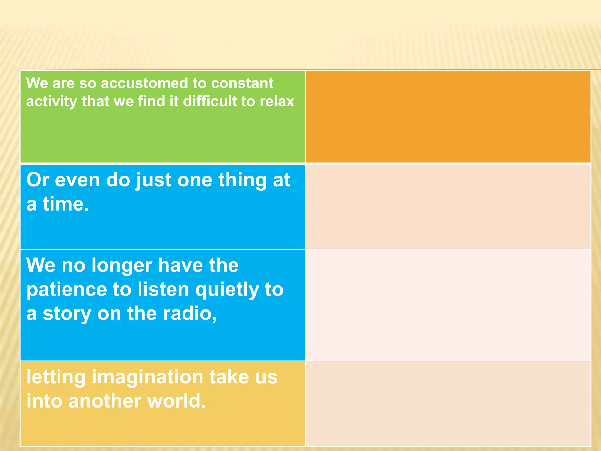 We are so accustomed to constant
activity that we find it difficult to relax
Or even do just one thing at
a time.
We no longer have the
patience to listen quietly to
a story on the radio,
letting imagination take us
into another world.
 