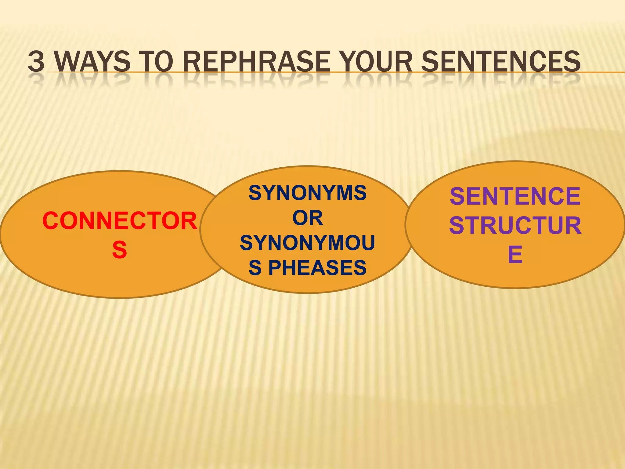3 WAYS TO REPHRASE YOUR SENTENCES
CONNECTOR
S
SYNONYMS
OR
SYNONYMOU
S PHEASES
SENTENCE
STRUCTUR
E
 