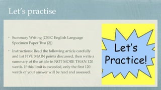 Summary writing Review lesson CSEC.ppttx | PPTX