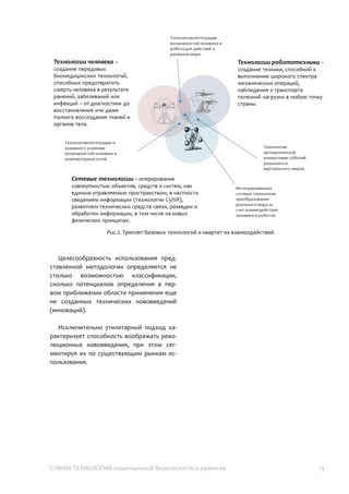 СУММА ТЕХНОЛОГИЙ национальной безопасности и развития 13
Рис.2. Триплет базовых технологий и квартет их взаимодействий.
Целесообразность использования
представленной методологии определяется
не столько возможностью классификации,
сколько потенциалом определения в
первом приближении области применения
еще не созданных технических
нововведений (инноваций).
Исключительно утилитарный подход
характеризует способность воображать
революционные нововведения, при этом
сегментируя их по существующим рынкам,
открывая путь к разработке способов
использования еще не существующих
результатов.
Примером такого подхода в области
технологий человека является постепенная
подготовка к использованию медико-
биологических технологий физического и
интеллектуального совершенствования
военнослужащих в американских
вооруженных силах. Технологии
совершенствования включают в себя
генотерапевтические препараты, средства
эпигенетической регуляции, выборочные
стимуляторы нейронов, имплантируемые
микроэлектромеханические устройства, и
т.д.19
. Подобные технологии на сегодняшний
день не только не выпущены на клинические
испытания, но еще даже не разработаны.
Первым шагом стало предиктивное
обсуждение правил и этики будущего
использования этих технологий20
.
Вторым шагом должна стать подготовка
эксплуатирующих служб – войсковых
медицинских служб, персонала военно-
медицинских учреждений видов
вооруженных сил и сил специальных
операций. В частности на базе
Национального военного медицинского
центра имени Уолтера Рида, Национального
военно-морского медицинского центра в
Бетезде, Военно-морского медицинского
центра в Портсмуте, а также в рамках
программ подготовки Военно-
медицинского университета.
19
Williams, E., Abarbanel, H., Brenner, M., Despain, A., Drell, S.,
Dyson, F., ... & Vesecky, J. (2008). Human performance.
20
Mehlman, M., Lin, P., & Abney, K. (2013). Enhanced Warfighters:
Risk, Ethics, and Policy. Case Legal Studies Research Paper, (2013-2).
 