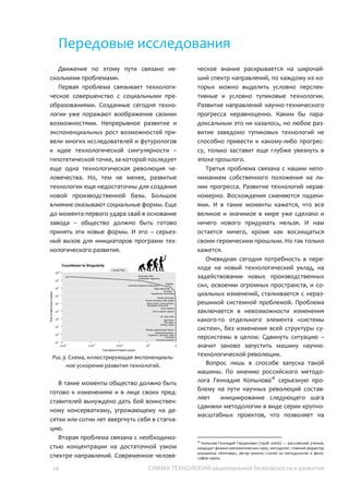 14 СУММА ТЕХНОЛОГИЙ национальной безопасности и развития
Передовые исследования
Движение по этому пути связано
несколькими проблемами.
Первая проблема связывает
технологическое совершенство с
социальными преобразованиями.
Созданные сегодня технологии уже
поражают воображение своими
возможностями. Непрерывное развитие и
экспоненциальных рост возможностей
привели многих исследователей и
футурологов к идее технологической
сингулярности – гипотетической точке, за
которой последует еще одна
технологическая революция человечества.
Но, тем не менее, развитые технологии еще
недостаточны для создания новой
производственной базы. Большое влияние
оказывают социальные формы. Еще до
момента первого удара свай в основание
завода – общество должно быть готово
принять эти новые формы. И это –
серьезный вызов для инициаторов
программ технологического развития.
Рис.3. Схема, иллюстрирующая
экспоненциальное ускорение развития
технологий.
В такие моменты общество должно быть
готово к изменениям и в лице своих
представителей вынуждено дать бой
воинственному консерватизму,
угрожающему на десятки или сотни лет
ввергнуть себя в стагнацию.
Вторая проблема связана с
необходимостью концентрации на
достаточной узком спектре направлений.
Современное человеческое знание
раскрывается на широчайший спектр
направлений, по каждому из которых
можно выделить условно перспективные и
условно тупиковые технологии. Развитие
направлений научно-технического
прогресса неравноценно. Каким бы
парадоксальным это ни казалось, но любое
развитие заведомо тупиковых технологий
не способно привести к какому-либо
прогрессу, только заставит еще глубже
увязнуть в эпохе прошлого.
Третья проблема связана с нашим
непониманием собственного положения на
линии прогресса. Развитие технологий
неравномерно. Восхождения сменяются
падениями. И в такие моменты кажется, что
все великое и значимое в мире уже сделано
и ничего нового придумать нельзя. И нам
остается ничего, кроме как восхищаться
своим героическим прошлым. Но так только
кажется.
Очевидная сегодня потребность в
переходе на новый технологический уклад,
на задействовании новых
производственных сил, освоении огромных
пространств, и социальных изменений,
сталкивается с неразрешимой системной
проблемой. Проблема заключается в
невозможности изменения какого-то
отдельного элемента «системы систем», без
изменения всей структуры суперсистемы в
целом. Сдвинуть ситуацию – значит заново
запустить машину научно-технологической
революции.
Вопрос лишь в способе запуска такой
машины. По мнению российского
методолога Геннадия Копылова21
серьезную
21
Копылов Геннадий Герценович (1958–2006) — российский ученый,
кандидат физико-математических наук, методолог, главный редактор
альманаха «Кентавр», автор многих статей по методологии и
философии науки.
 