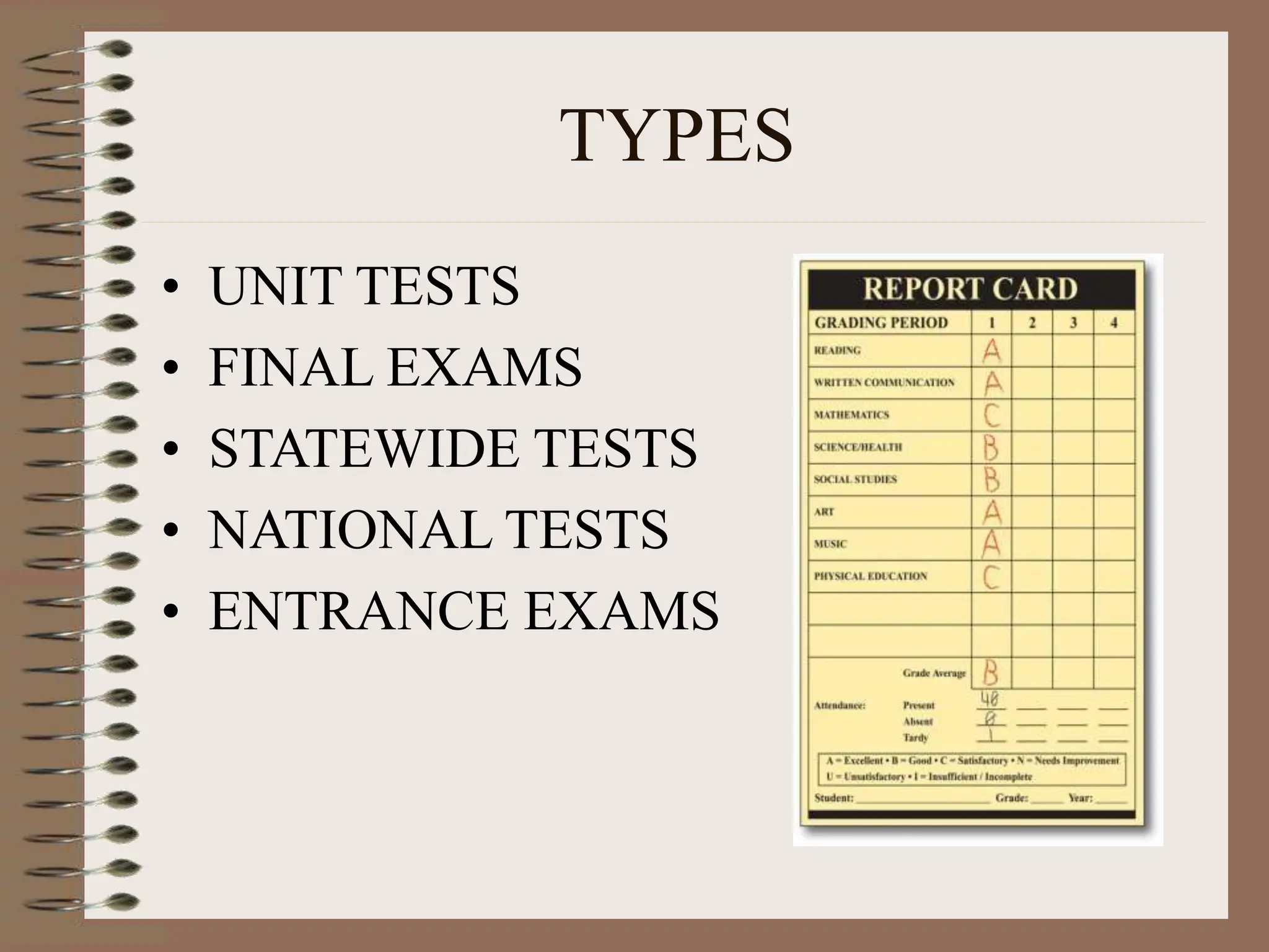 TYPES
• UNIT TESTS
• FINAL EXAMS
• STATEWIDE TESTS
• NATIONAL TESTS
• ENTRANCE EXAMS
 