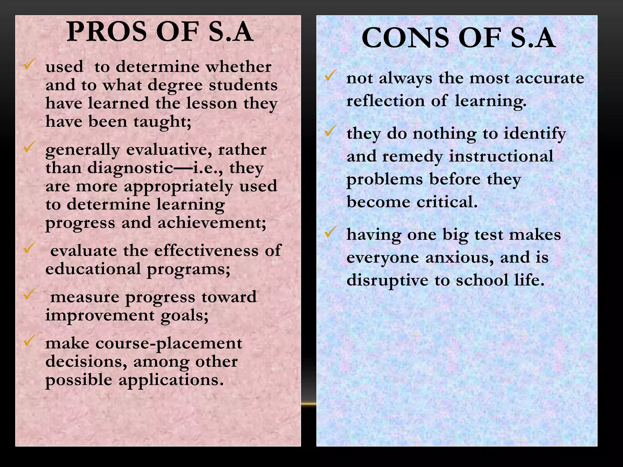 PROS OF S.A
 used to determine whether
and to what degree students
have learned the lesson they
have been taught;
 generally evaluative, rather
than diagnostic—i.e., they
are more appropriately used
to determine learning
progress and achievement;
 evaluate the effectiveness of
educational programs;
 measure progress toward
improvement goals;
 make course-placement
decisions, among other
possible applications.
CONS OF S.A
 not always the most accurate
reflection of learning.
 they do nothing to identify
and remedy instructional
problems before they
become critical.
 having one big test makes
everyone anxious, and is
disruptive to school life.
 
