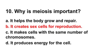 10. Why is meiosis important?
a. It helps the body grow and repair.
b. It creates sex cells for reproduction.
c. It makes cells with the same number of
chromosomes.
d. It produces energy for the cell.
 