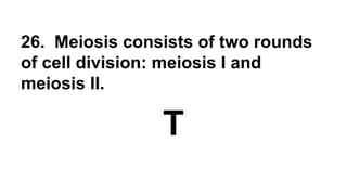 26. Meiosis consists of two rounds
of cell division: meiosis I and
meiosis II.
T
 