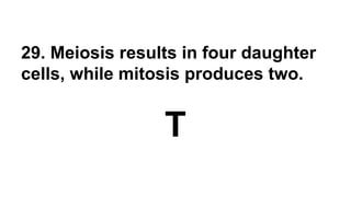 29. Meiosis results in four daughter
cells, while mitosis produces two.
T
 