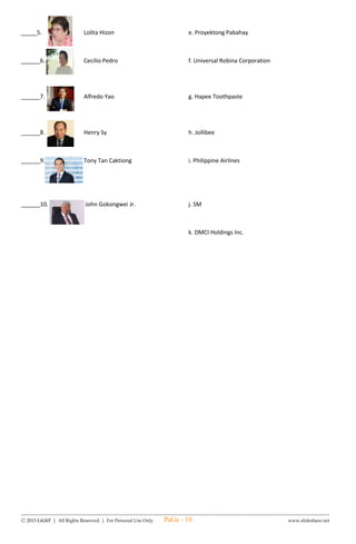 --------------------------------------------------------------------------------------------------------------------------------------
Ⓒ 2015 LiGhT | All Rights Reserved. | For Personal Use Only. www.slideshare.net
7th SUMMATIVE TEST IN
ENGLISH – IV
FIRST QUARTER
Name: __________________________________ Date: _____________ Score: ______________
I. Read the sentences. Answer the questions after each sentence.
1. The five nice mice will ride a bike.
Who will ride a bike? ____________________________________________
2. We saw a wide dike. What did we see? ______________________________
3. Mike had a nice ride. Who had a nice ride? ___________________________
Write 1-3 to sequence the events as they happened in the story. Listen to the story to be read by the teacher.
( story on LM p. 25)
______4. Mike’s kite fell in the dike.
______5. Mike had no more kite.
______6. Mike rides on his bike.
II. Fill in each blank with the correct word to complete the rhymes.
Tie a 7.___________.
Remember the 8. _______.
To have an ice cream 9. _______.
III. Arrange the ff. words alphabetically.
10. arm _____ 11. thumb_____ 12. pray ______
ant _____ tray _____ pile ______
ash _____ tie _____ play ______
IV. Tell whether the ff. are count or mass nouns.
_______ 13. Eyelashes
________14. Boxes
________15. Hair
________16. Rain
V. Choose the correct counter for the mass nouns. Choose your answer in the flower’s petal.
bowl
17. a _________ of nata de coco
kilo slices 18. a _________ of meat
19. a _________ of coco jam
Cup spoonful 20. a _________ of milk.
rode cone
rope code
PaGe - 10
 