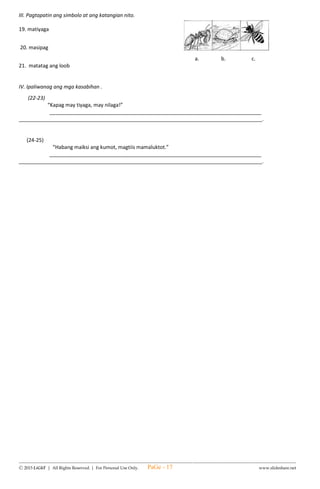 --------------------------------------------------------------------------------------------------------------------------------------
Ⓒ 2015 LiGhT | All Rights Reserved. | For Personal Use Only. www.slideshare.net
7. What number is represented by these number discs?
A. 6 440 B. 44 600 C. 46 434 D. 64 434
8. Ana Marie used 7 pieces of 10 000s discs, 3 pieces of 1000s discs, 5 pieces of 100s discs, and 2 pieces of 10s
discs to represent a number. What number is shown by her number discs?
A. 7 352 B. 73 520 C. 37 052 D. 70 352
9. I have 2 pieces of 10 000s discs, 1 piece of 1000 discs, 6 pieces of 100s discs, 8 pieces of 10 discs and 5 pieces of
1s discs. Write my number in standard form.
II. Direction: Draw number discs to represent these numbers.
10. 17 845 =
11. 25 123 =
12. 42 089 =
13. 54 302 =
14. 82 134 =
15. 100 000 =
III. Direction: Encircle the letter that gives the correct answer.
16. Which number is in hundred thousand?
A. 12 556 B. 392 465 C. 2 746 D. 953
17. What number has 7 in the hundreds place?
A. 307 402 B. 823 417 C. 392 731 D. 131 572
18. What is the place value of 3 in 431 758?
A. Thousands C. Hundred thousands
B. Ten thousands D. Millions
19. In 72 430, what is the value of the underlined digit?
A. 70 000 B. 700 000 C. 700 D. 70
20. What number will be formed if the thousands digit of the number 82 798 is increased by 3 and the tens digit
is decreased by 5?
A. 85 748 B. 86 748 C. 87 759 D. 88 789
1
1
10100100010 000
1
10100100010 000
10 000
1
101001000
10 000
10 000
Answer:
10 000
1000 100
PaGe - 17
 
