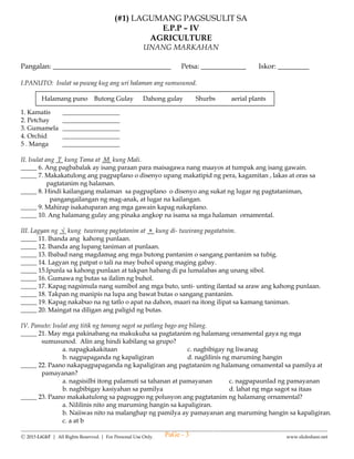--------------------------------------------------------------------------------------------------------------------------------------
Ⓒ 2015 LiGhT | All Rights Reserved. | For Personal Use Only. www.slideshare.net
IV. Listen to the story that the teacher will read and answer the questions that follow:
26. Who is the main character in the story?
___________________________________________________________________________
27. Describe the main character.
A. His good attitudes _________________________________________________________
B. His bad attitutes__________________________________________________________
28. Where did the story happen?
___________________________________________________________________________
29. What made the fairy angry?
___________________________________________________________________________
30. Why do you think Enteng should be punished?
___________________________________________________________________________
V. Look at the poster closely and complete the sentences below it.
31. This poster is about_________________________________________.
32. It tells us to ________________________________________________.
33. The poster reminds people to ____ ____________________________.
Enteng and The Bad Words
Enteng was a good boy. He was obedient and did what his mother told him to do. He
studied hard. He did his work well.
But he had one fault which his parents could not correct. He often used bad words.
Once he was crossing a shallow stream, he fell into the water. He screamed and said
some bad words. The gentle fairy of the stream heard him and became very angry.
She thought of punishing him.
“I’ll make a frog jump out of his mouth every time he says a bad word,” said the
fairy.
While going up a hill, Enteng slid and fell down. He said some bad words.
PaGe - 3
 