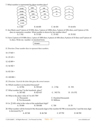 -------------------------------------------------------------------------------------------------------------------------------------------------------------------------------------------------------
Ⓒ 2015 LiGhT | All Rights Reserved. | For Personal Use Only. www.slideshare.net
IV. Isulat sa patlang ang letra ng tamang sagot.
21. Ang silid ng may sakit ay kailangang mapanatiling kaaya-aya at ___________ .
a. malinis b. malamig c. maaliwalas d. mabango
22. Hayaang palaging bukas ang bintana ng silid ng maysakit upang makapasok ang _______ .
a. huni ng ibon b. sikat ng araw c. sariwang hangin d. mga bisita
23. Kinakailangang punasan ang maysakit ng _____ na tubig upang maging maginhawa ang pakiramdam.
a. malamig b. Mainit c. may yelo d. maligamgam
24. Bukod sa mga katas ng prutas maaring bigyan ang maysakit ng ______ .
a. tubig b. kape c. softdrinks d. lemonade
25. Upang hindi makalimutan ng kasapi ng mag-anak ang oras at paraan ng pag-papainom ng
gamot, magpaskil sa isang lantad na lugar ang _____ .
a. iskedyul b. oras c. pangalang ng gamot d. mga pangalan ng kasambahay
26. Paliguan ang bata sa _____ oras araw –araw.
a. oras b. wastong c. hapong d. gabi
27. Basaing ang bimpo ng _____ na tubig.
a. mainit b. malamig c. malinis d. maligamgam
28. Gamitin sa pagpapakain ng bata ang kanyang _____ kagamitan.
a. bagong b. lumang c. sariling d. pampamilyang
29. _____ ang bata sa iyong bisig bago ihiga sa kama.
a. isandal b. ilapag c. iupo d. idapa
30. Lagyan ng _____ ang katawan ng bata pagkatapos maligo.
a. lotion o langis b. Polbos c. pabango d. gel
V. Lagyan ng ang bilang kung ang ginagawang pagtulong ay may pag-iingat at paggalang.
_____ 31. Masayang ginagawa ang tungkulin.
_____ 32. Umaalis sa bahay ng tahimik at walang paalam, kapag inuutusan.
_____ 33. Magiliw na nakikipagtulungan sa mga kapatid kapag naglilinis ng bahay.
_____ 34. May kusang nagpupunas ng mga kagamitan sa bahay sa mga araw na walang pasok.
_____ 35. Malugod na sinasamahan ang nanay sa pamamalengke.
_____ 36. Ipinagpapaalam sa tatay ang mga bagay na nais gawin sa loob ng tahanan.
_____ 37. Magalang na nakikiraan sa mga nag-uusap sa tahanan habang nagwawalis.
_____ 38. Umaawit habang maingat na pinupunasan ang mga sofa sa bahay.
_____ 39. Magiliw na pinapanood ang mga kasapi ng mag-anak habang ginagampanan ang kani-kanilang
tungkulin.
_____ 40. Hindi tinutulungan ang nakababatang kapatid sa ginagawa.
VI. Punan ng salita o mga salita ang patlang.
41. Ang bisita ay nararapat na __________ kung hindi kakilala ng buong mag-anak.
42. Marapat na __________ ang bisita ng maiinom o makakain.
43. Maging __________ sa pagtanggap ng mga kung hindi ito kakilala.
44. Makipag-usap nang may __________ sa bisita.
45. Iwasan pag-usapan ang mga __________ na makapagdudulot ng kalungkutan sa bisita.
PaGe - 43
 