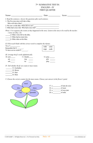 --------------------------------------------------------------------------------------------------------------------------------------
Ⓒ 2015 LiGhT | All Rights Reserved. | For Personal Use Only. www.slideshare.net
(#1) LAGUMANG PAGSUSULIT SA
HEALTH – IV
UNANG MARKAHAN
Pangalan: ____________________________________ Iskor: _____________
Baytang: _____________________________________ Petsa: _____________
I. Panuto: Piliin ang titik ng tamang sagot.
______ 1. Ano ang tawag sa impormasyong makikita sa pakete ng pagkain?
A. Food Web B. Food Label C. Food Group D. Nutrition Facts
______ 2. Ano ang tawag sa nagbibigay ng impormasyon tungkol sa pagkain?
A. Food Web B. Food Label C. Food Group D. Nutrition Facts
______ 3. Ito ay tumutukoy sa kabuuang bilang ng serving na makukuha sa isang pakete ng pagkain.
A. Serving per container B. Serving size C. calories D.cholesterol
______ 4. Ito ay makikita sa nutrition facts kung saan ito ay isang uri ng mineral na makukuha sa karne ng hayop, itlog
gatas, asin at vetsin.
A. sodium B. protein C. fats D. vitamins at mineral
______ 5. Ito ay isang uri ng fats na pinakamapanganib kung kakainin dahil pinapababa nito ang High Density
Lipoprotien ng katawan na maaring makuha sa pagkain ng junk foods.
A. unsaturated fats B, saturated fats C. trans fats D. cholesterol
Para sa bilang 6-10, pag-aralan ang nutrition facts ibaba at sagutin ang mga sumusunod na tanong.
______ 6. Ano ang tamang sukat na dapat mong kainin?
A. 55g B. 5g C. 50 D. 1 cup
______ 7. Ilan ang kabuuang bilang ng servings ang nakapaloob sa pakete?
A. 5 B. 55 C. 1 D. 50
______ 8. Ano ang sukat ng enerhiyang maaari mong makuha mula sa
pagkaing produktong nasa pakete?
A. 6 B. 0.5 C. 250 D. 200
______ 9. Ano ang sukat ng protina ang maari mong makuha mula sa pagkaing
produktong nasa pakete?
A. 9g B. 4g C. 40g D. 18g
______ 10. Anu-ano ang mga bitaming maaaring makuha mo mula sa
pagkaing produktong nasa pakete?
A. C at B B. Calcium C. Iron D. protein
______ 11. Ano ang tinutukoy ng pangalan ng produktong pagkain?
A. Gatas Sikat B. Gatas C. Sikat D. Alaska
______ 12. Ano ang nakalimbag na timbang ng pakete?
A. 1 litro B. 120 ml C. 1galloon D. 1 kahon
______ 13. Ano ang tinutukoy na uri ng pagkain ang makikita sa pakete?
A. tsokolateng gatas B. gatas C. Kape D. juice
______14. Alin ang HINDI makikita sa pakete ng pagkain?
A. Date markings B. Nutrition Facts C. Ways of preparing D. Warning statements
______15. Bakit mahalagang basahin ang impormasyon sa food labels?
A. Upang malaman ang lasa.
B. Upang malaman kung kalian ginawa.
C. Upang malaman ang tamang oras kung kalian kakainin.
D. Upang malaman kung kalian masisira, ginawa at nutrisyong makukuha rito.
PaGe - 65
 