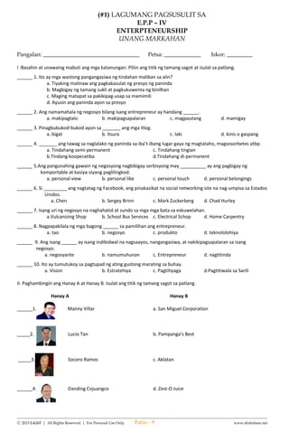 --------------------------------------------------------------------------------------------------------------------------------------
Ⓒ 2015 LiGhT | All Rights Reserved. | For Personal Use Only. www.slideshare.net
18. One mouse had long (tooth) ______ that stuck out from its mouth.
a. teeth b. tooths c. teeths d. toothes
19. Another mouse had very long (foot) ___________.
a. footes b. feet c. foets d. feets
20. When the (child) _______ saw the three (mouse) _______, they felt afraid.
a. childs,mouses b. childes,mise c. children,mice d. childrens,mice
21. There were three (deer) _________ caught by some (man) _________ in the forest.
a. deers,man b. deer, mens c. deer,man d. deer,men
C. Identify the given nouns as mass or count nouns.
22. water - ___________
23. lotion - ___________
24. cement - ___________
25. pants - ___________
26. candies - ___________
D. Write the appropriate counter or quantifier. Choose the quantifier from the box.
27. A ________ of fries.
28. A ________ of water
29. A ________ of soup
30. A ________ of coffee
cup
bottle
bowl
jar
plateful
PaGe - 9
 