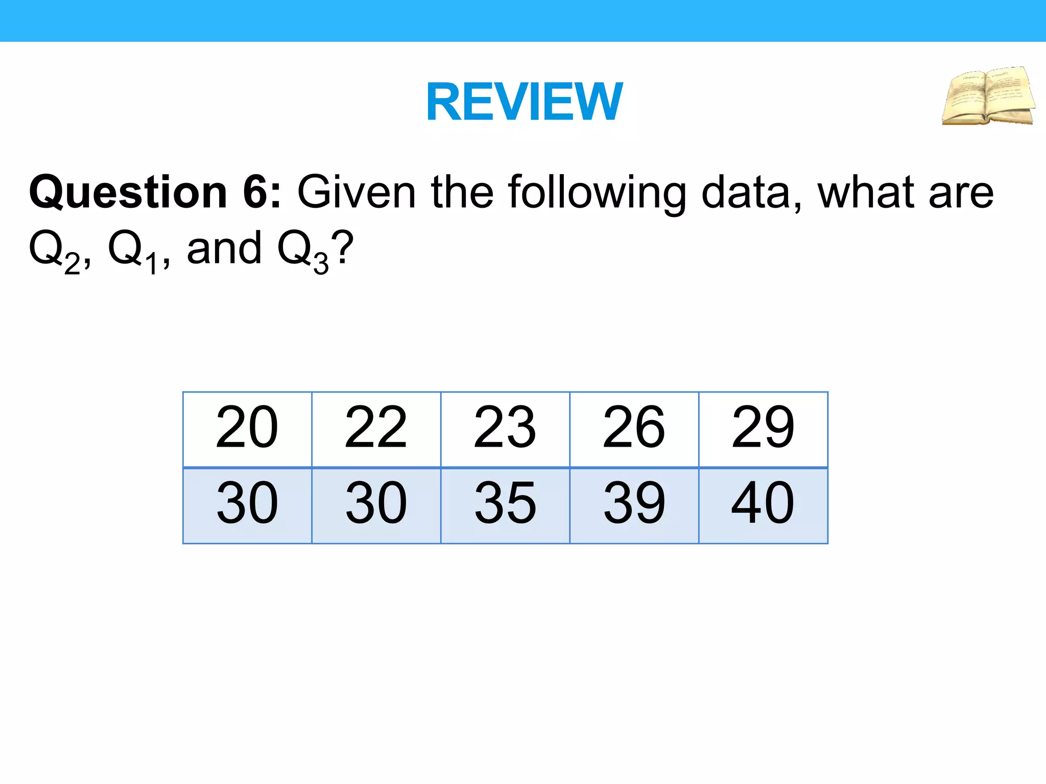 REVIEW
Question 6: Given the following data, what are
Q2, Q1, and Q3?
20 22 23 26 29
30 30 35 39 40
 