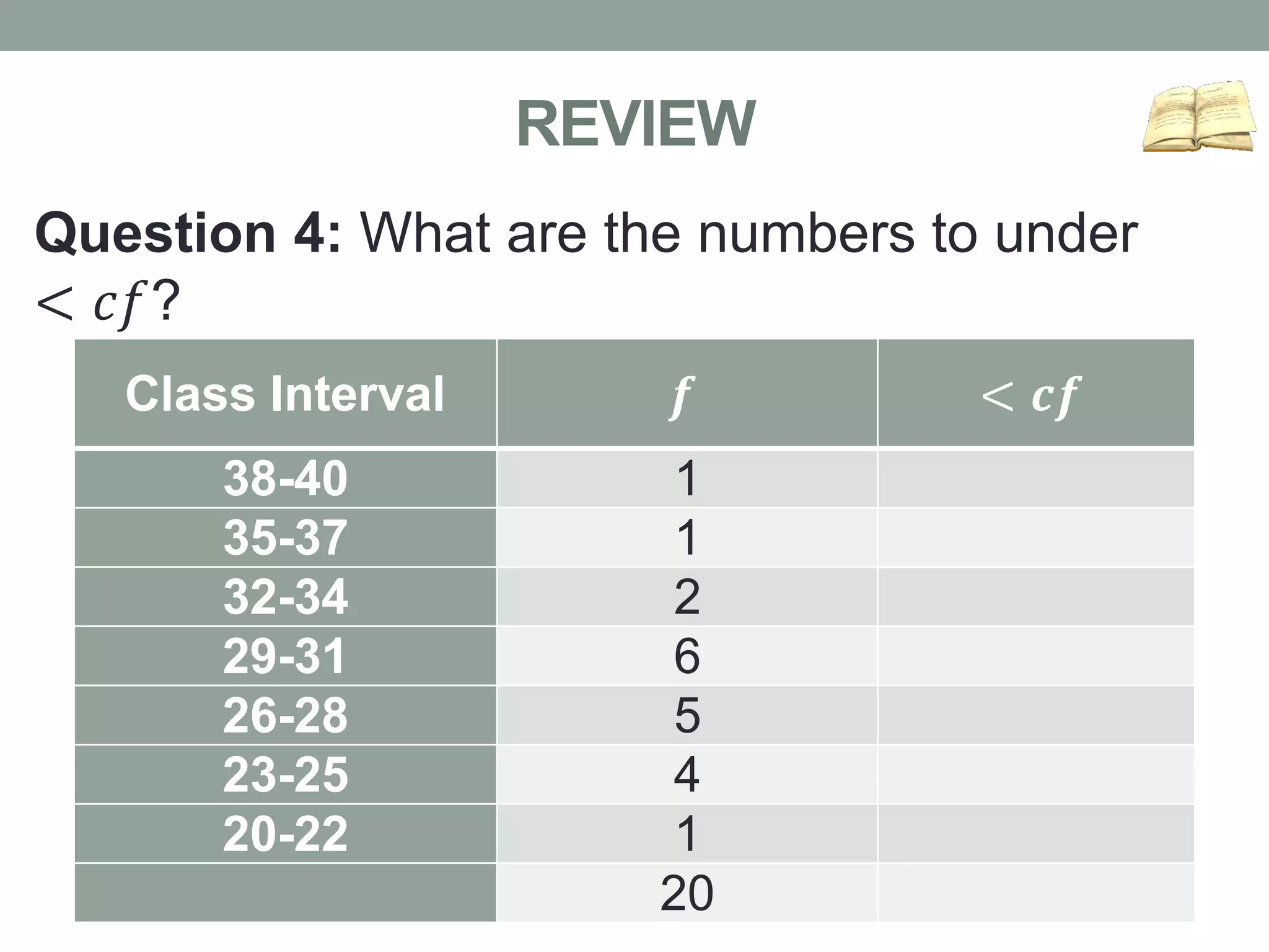 REVIEW
Question 4: What are the numbers to under
< 𝑐𝑓?
Class Interval 𝒇 < 𝒄𝒇
38-40 1
35-37 1
32-34 2
29-31 6
26-28 5
23-25 4
20-22 1
20
 
