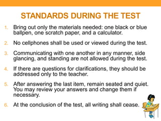 STANDARDS DURING THE TEST
1. Bring out only the materials needed: one black or blue
ballpen, one scratch paper, and a calculator.
2. No cellphones shall be used or viewed during the test.
3. Communicating with one another in any manner, side
glancing, and standing are not allowed during the test.
4. If there are questions for clarifications, they should be
addressed only to the teacher.
5. After answering the last item, remain seated and quiet.
You may review your answers and change them if
necessary.
6. At the conclusion of the test, all writing shall cease.
 