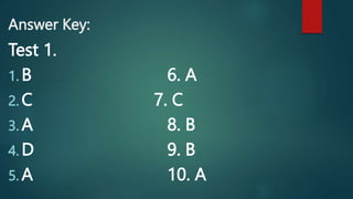 Answer Key:
Test 1.
1. B 6. A
2. C 7. C
3. A 8. B
4. D 9. B
5. A 10. A
 