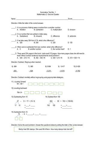 Summative test no 1 math 2 q2 | DOCX | Stamps and Coins | Collecting