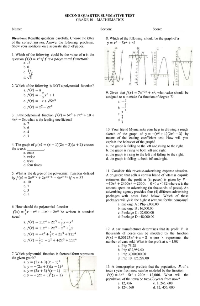Grade 10 Math - Second Quarter Summative Test | PDF