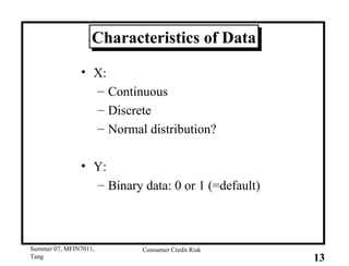 Characteristics of Data X: Continuous Discrete  Normal distribution? Y: Binary data: 0 or 1 (=default) 