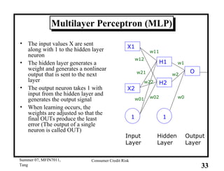 Multilayer Perceptron (MLP) The input values X are sent along with 1 to the hidden layer neuron The hidden layer generates a weight and generates a nonlinear output that is sent to the next layer The output neuron takes 1 with input from the hidden layer and generates the output signal When learning occurs, the weights are adjusted so that the final OUTs produce the least error (The output of a single neuron is called OUT) X1 X2 1 H1 H2 1 O Input Layer Hidden Layer Output Layer w01 w12 w21 w22 w11 w02 w1 w2 w0 