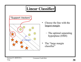 Choose the line with the  largest margin . The optimal separating hyperplane (OSH) The “large margin classifier” Linear Classifier margin ” Support Vectors” 